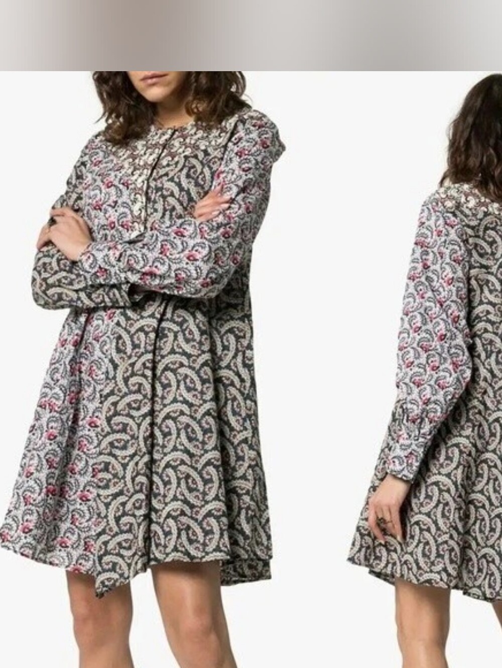 Paisley Print Long-Sleeve Swing Dress in Black & Pink